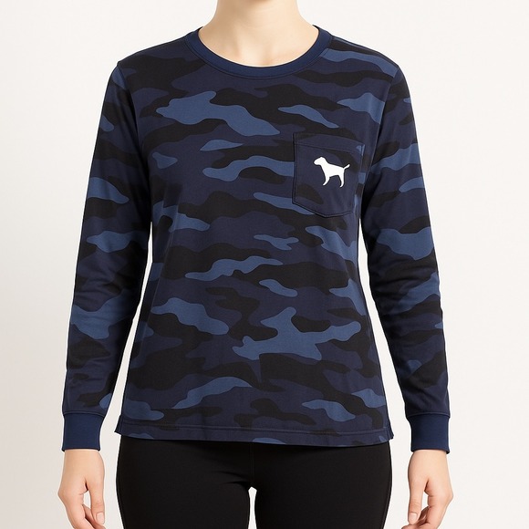 PINK Victorias Secret‎ Long Sleeve Camo Pocket Tee Dog Logo Blue Grunge Medium - Picture 1 of 12